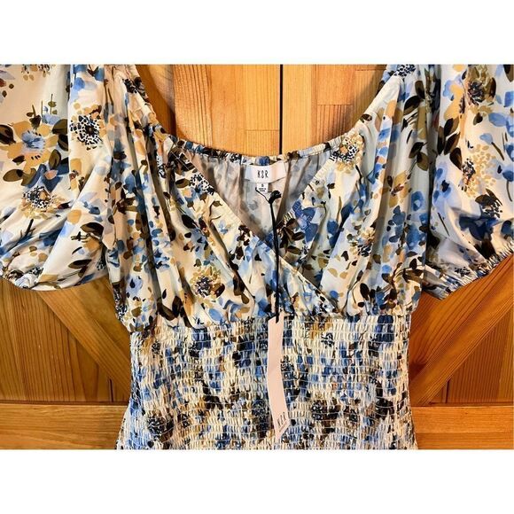 NSR Puff Sleeve Smocked Mini Dress Satin Short  Ivory Blue Floral Size Small nwt - Picture 4 of 7